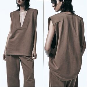 Zara Brown Oversized Plush Ponte Knit V-Neck Vest Longline Pullover SZ Large